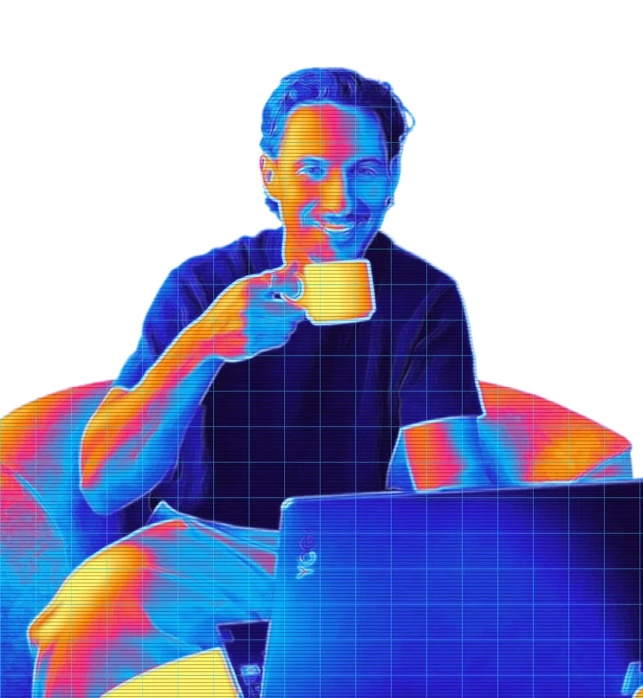 A colourful AI-styled portrait of Jack with a coffee and laptop